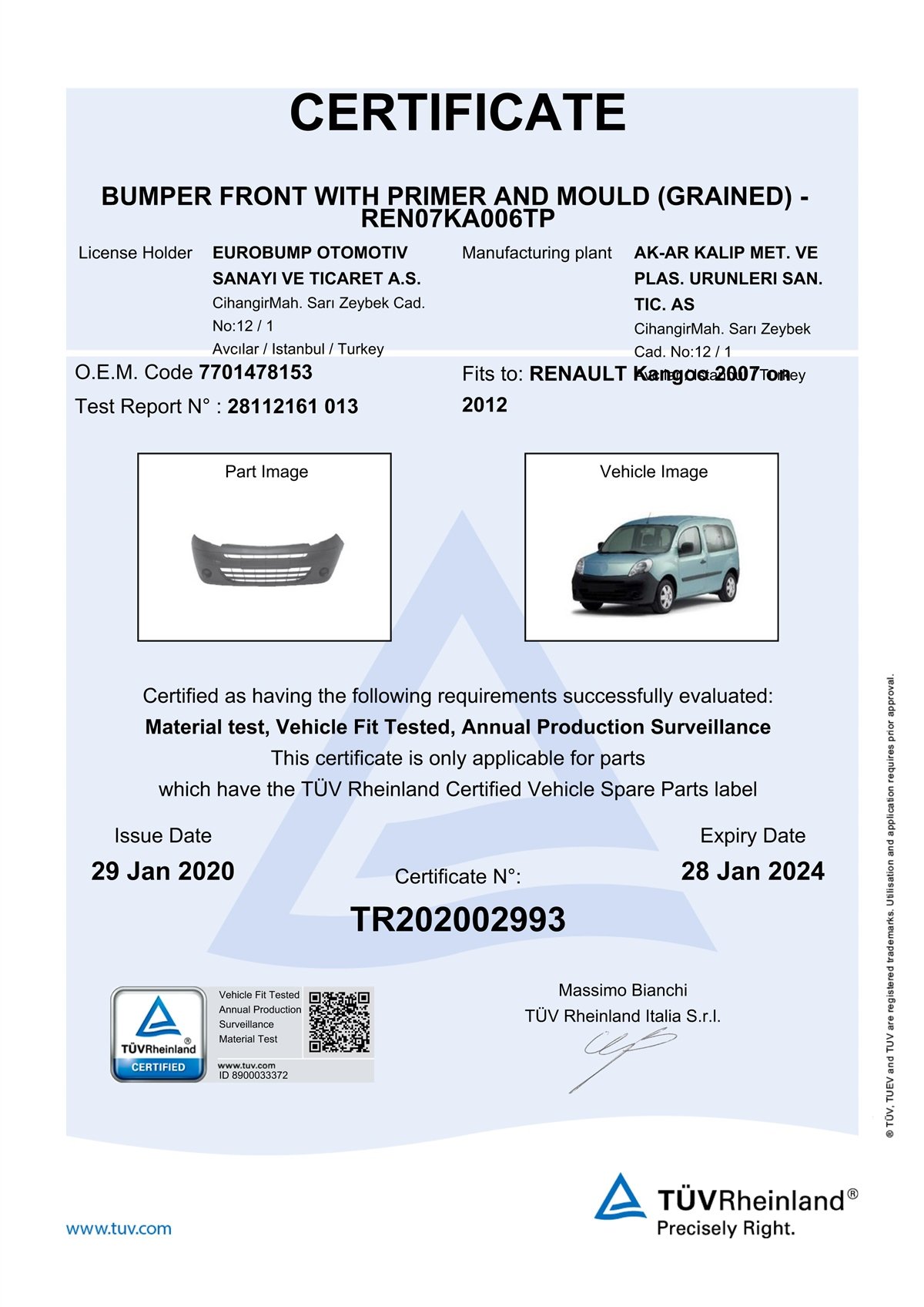 YEDEK PARÇARENAULT KANGOO ÖN TAMPON KUŞAKLI ASTARLI 07- / TÜV ORJİNAL REF. NO: 7701478153 UYUMLU REN07KA006TPDEGAREN07KA006TP