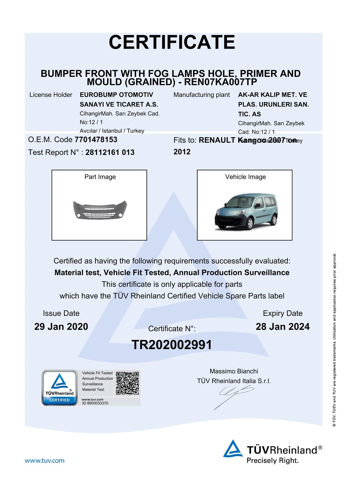 YEDEK PARÇARENAULT KANGOO ÖN TAMPON KUŞAKLI DELİKLİ ASTARLI 07- / TÜV ORJİNAL REF. NO: 7701478153 UYUMLU REN07KA007TPDEGAREN07KA007TP
