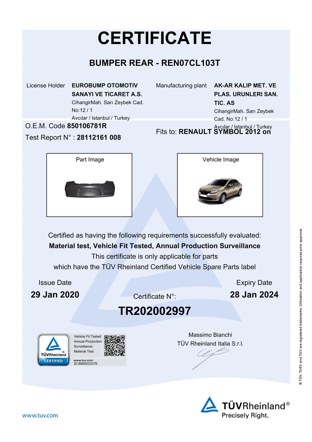 YEDEK PARÇARENAULT SYMBOL ARKA TAMPON 12- / TÜV ORJİNAL REF. NO: 850106781R UYUMLU REN07CL103TDEGAREN07CL103T
