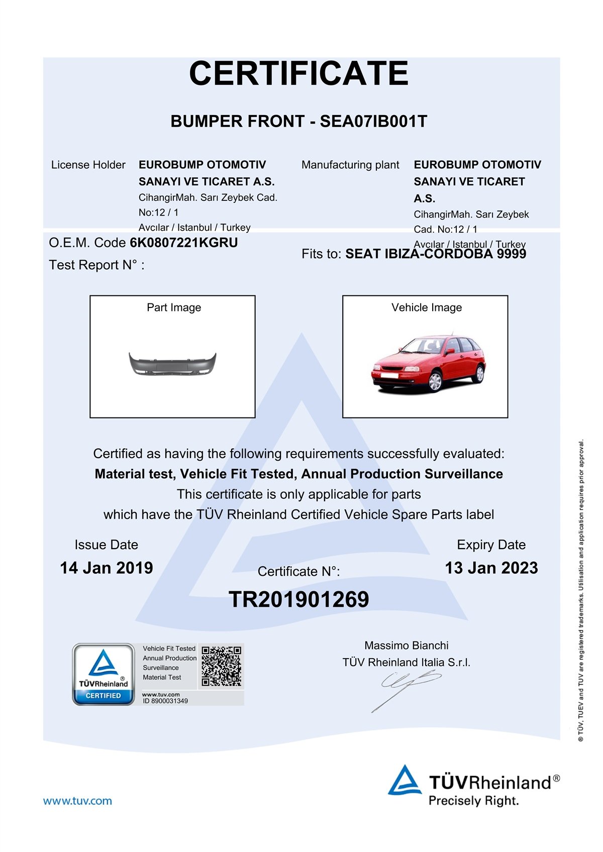 YEDEK PARÇASEAT IBIZA ÖN TAMPON 96-99 / TÜV ORJİNAL REF. NO: 6K0807221KGRU UYUMLU SEA07IB001TDEGASEA07IB001T