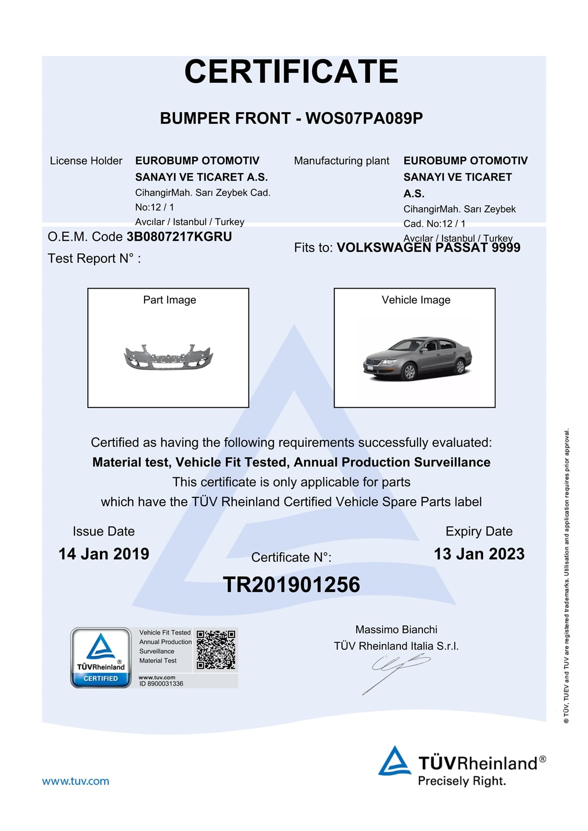 YEDEK PARÇAVOLKSWAGEN PASSAT ÖN TAMPON FAR YIKAMA DELİKLİ ASTARLI 05- / TÜV ORJİNAL REF. NO: 3B0807217KGRU UYUMLU WOS07PA089PDEGAWOS07PA089P