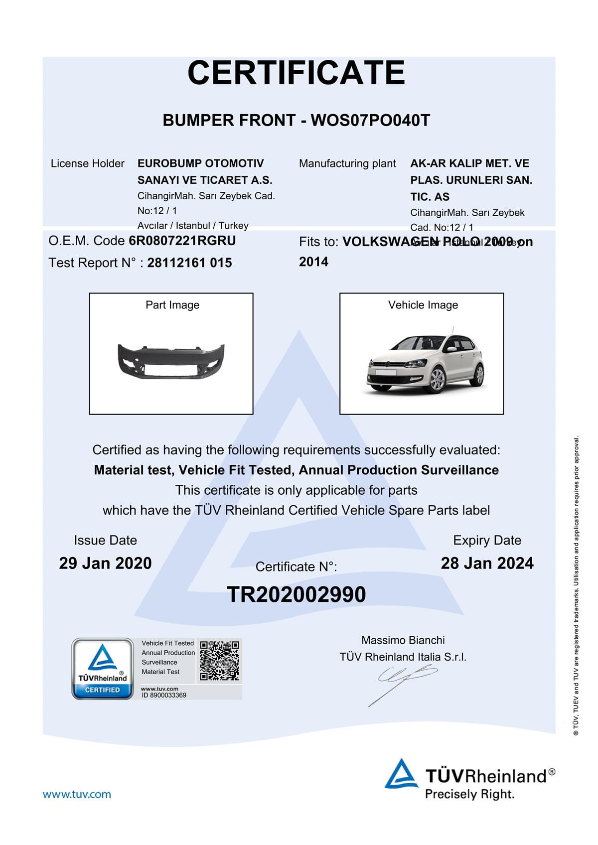 YEDEK PARÇAVOLKSWAGEN POLO ÖN TAMPON 09- / TÜV ORJİNAL REF. NO: 6R0807221RGRU UYUMLU WOS07PO040TDEGAWOS07PO040T