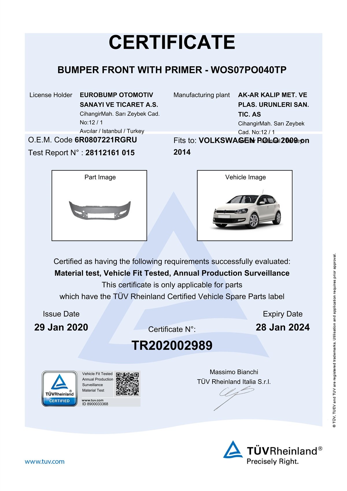 YEDEK PARÇAVOLKSWAGEN POLO ÖN TAMPON ASTARLI 09- / TÜV ORJİNAL REF. NO: 6R0807221RGRU UYUMLU WOS07PO040TPDEGAWOS07PO040TP