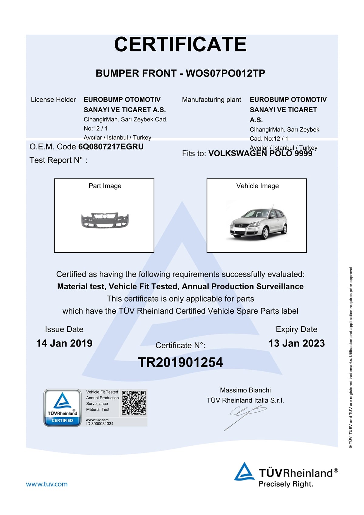 YEDEK PARÇAVOLKSWAGEN POLO ÖN TAMPON ASTARLI 05-09 / TÜV ORJİNAL REF. NO: 6Q0807217EGRU UYUMLU WOS07PO012TPDEGAWOS07PO012TP