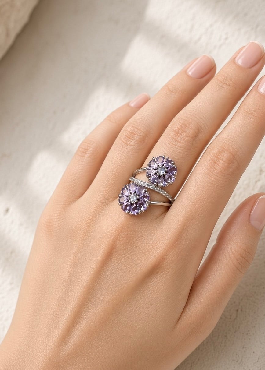 Amethyst & Tanzanit Çiçek Tasarım Elmas Yüzük