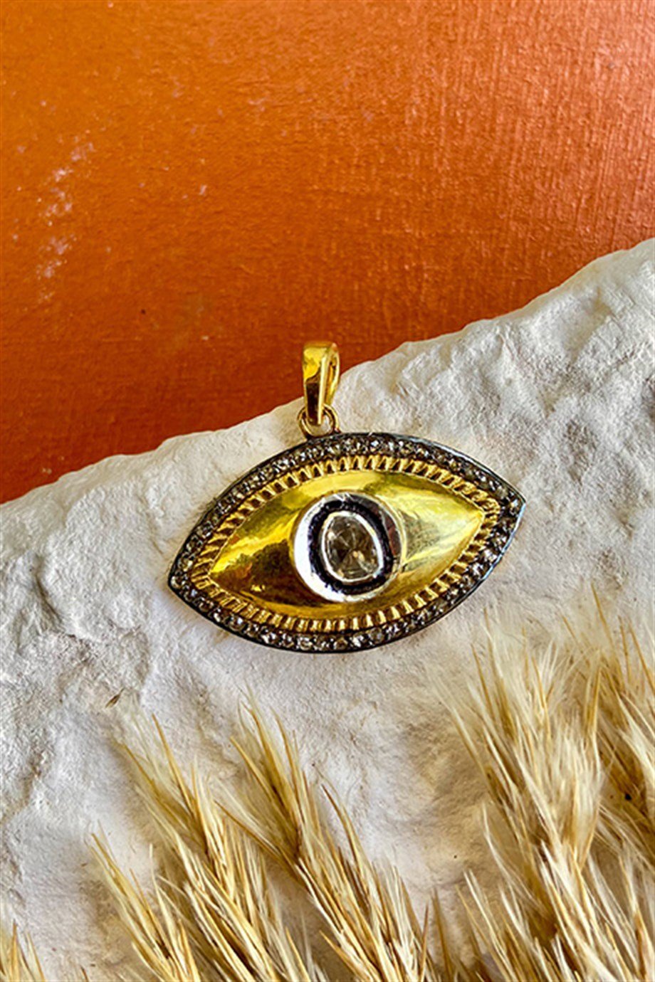 Evil Eye Ham Elmas Kolye Ucu-Büyük Gold