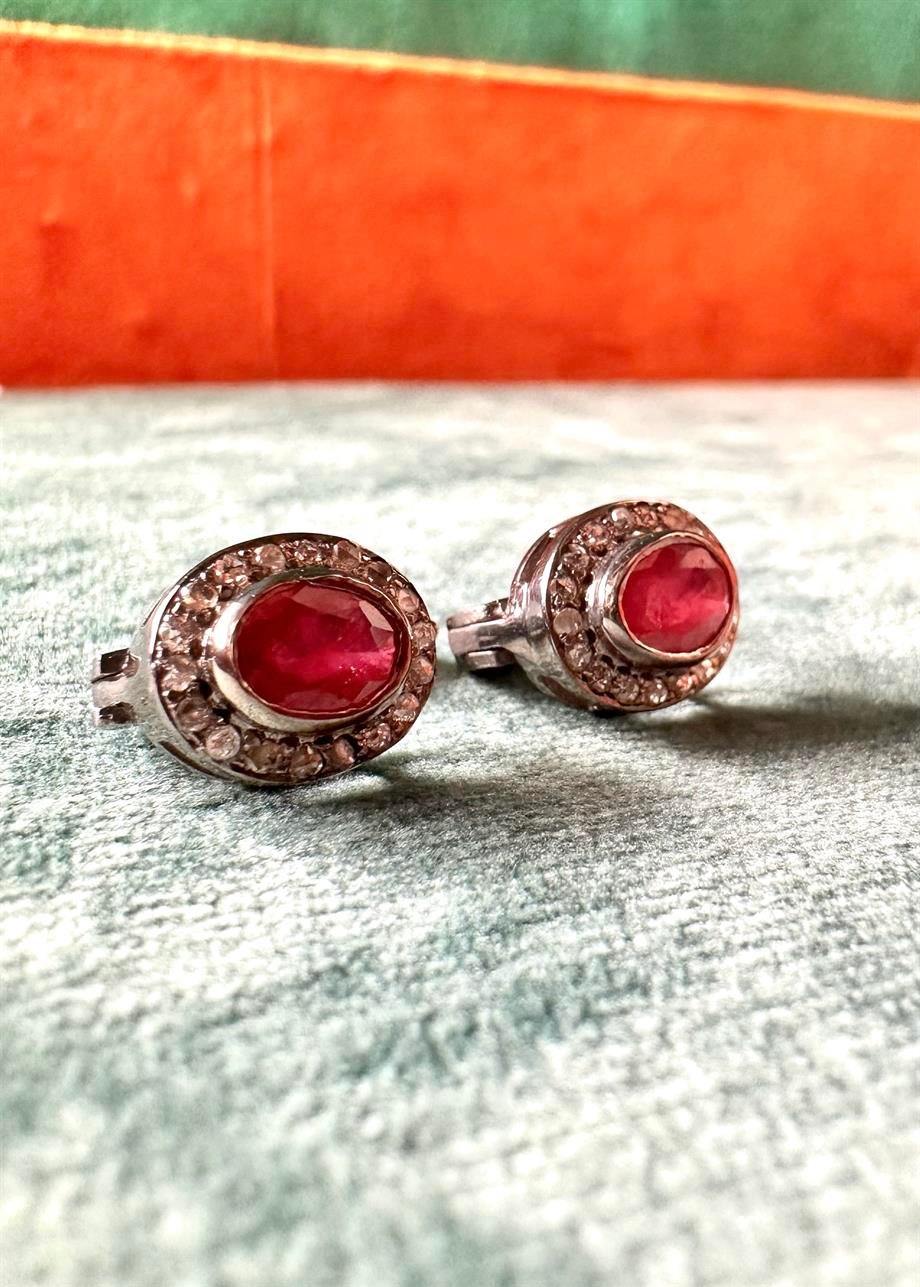 Garnet Ham Elmas Gümüş Küpe
