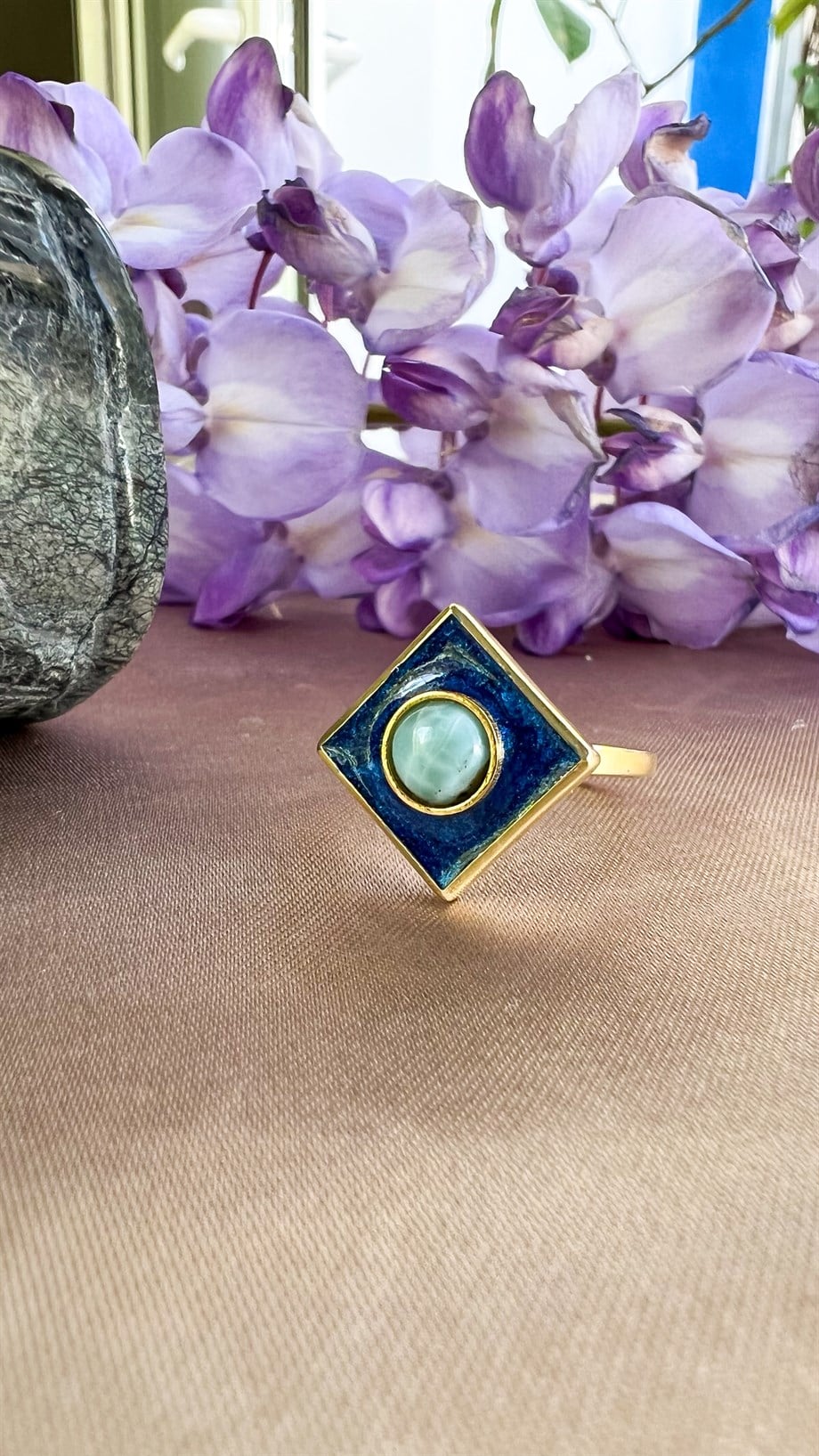 Gümüş Üzeri Mineli Larimar Yüzük