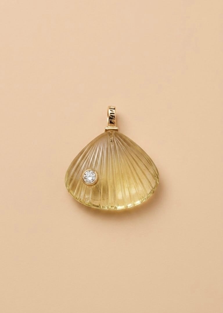 Ham Elmas Detaylı Lemon Citrine Deniz Kabuğu Kolye Ucu