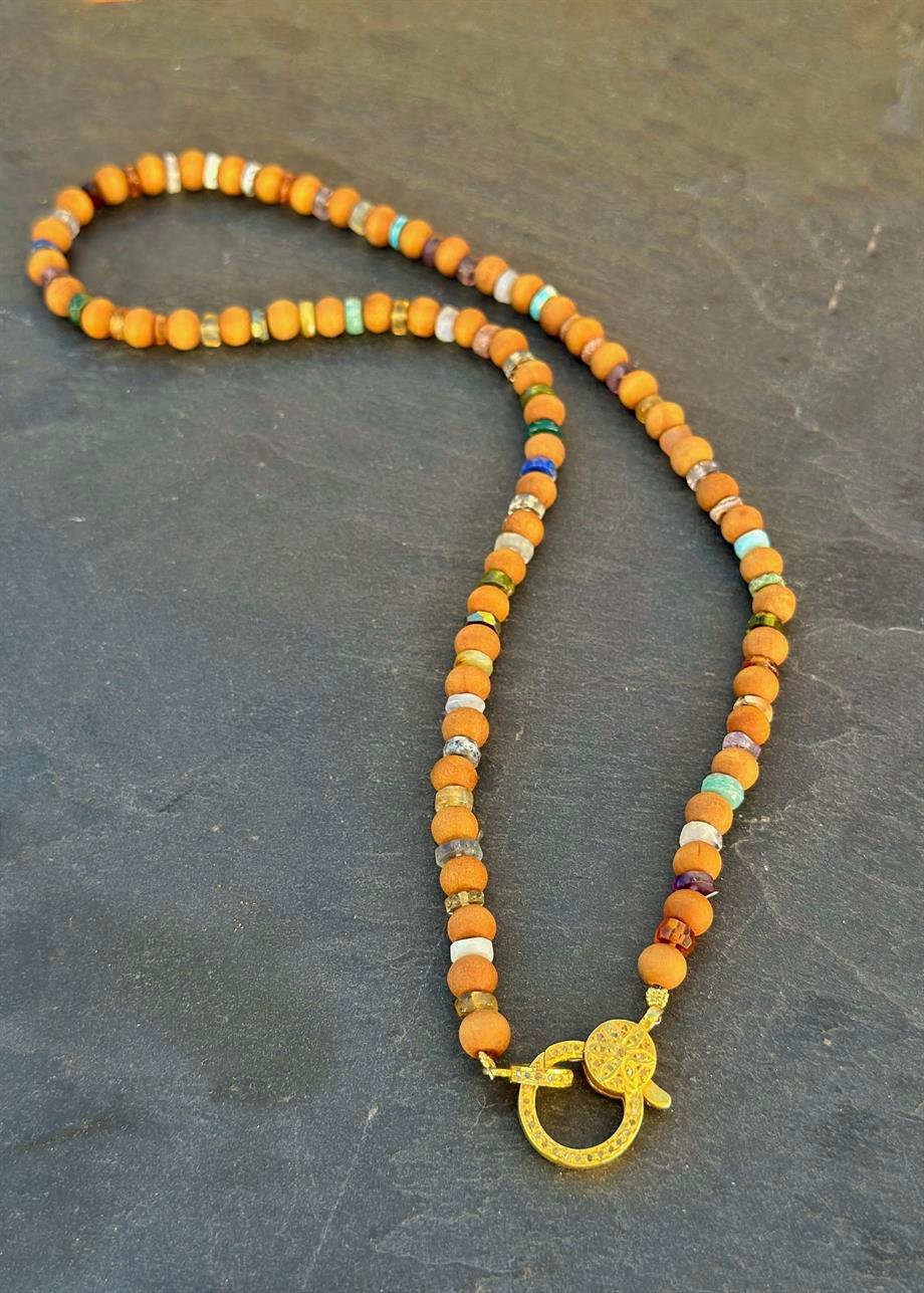 sandal ağacı ham elmas mix gemstone kolye
