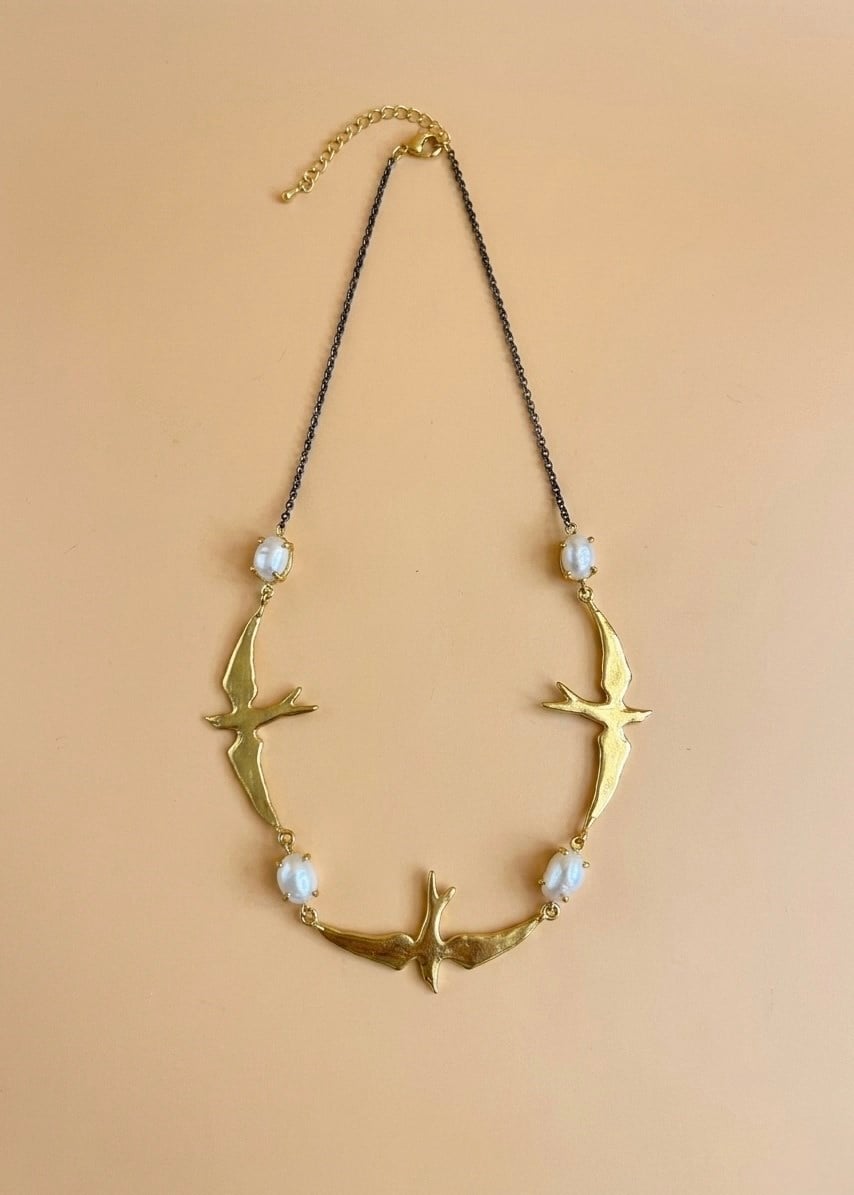 Swallow & Pearl Pirinç Tasarım Kolye