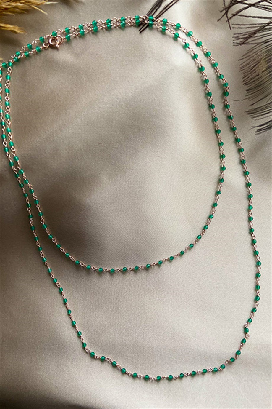 Yeşil Akik Rose Kaplama Gümüş Rosary Kadın Kolye