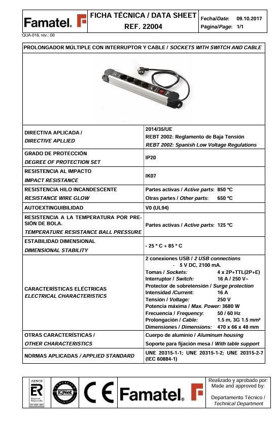 Famatel Dörtlü Aleminyum Grup Priz Akım Korumalı+ 2 USB 1,5mt Kablolu