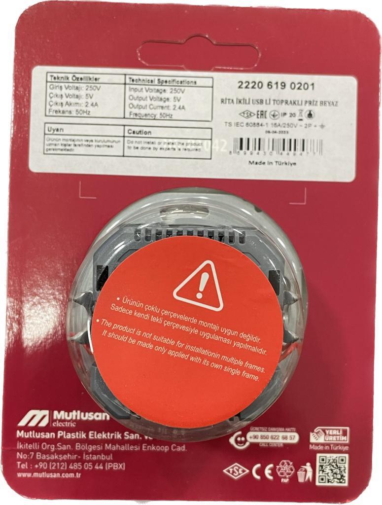 Mutlusan Rita Beyaz Sıva Altı Çerçeveli 2 USB'li Ç.K Topraklı Priz