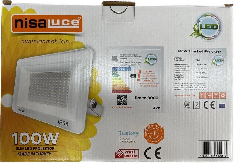 NisaLuce 100W Slim Led Projektör 3000K IP66