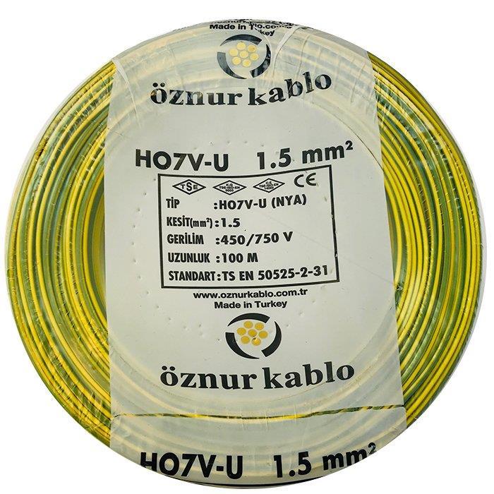 Öznur 1,5 mm NYA Kablo Sarı-Yeşil 100 metre  %100 Bakır