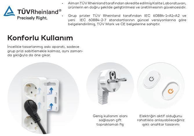 Seldur Üçlü Anahtarlı Topraklı Toraklı Grup Priz 2 mt ÇK