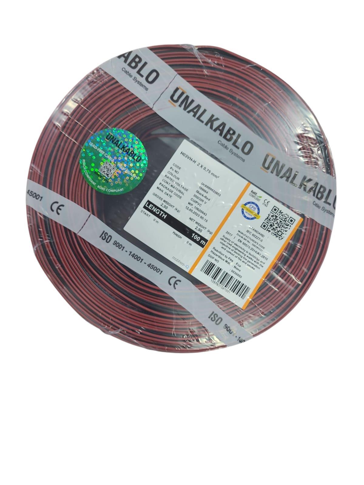 Ünal Kablo 2x0,75mm Yassı Kordon Siyah 100mt