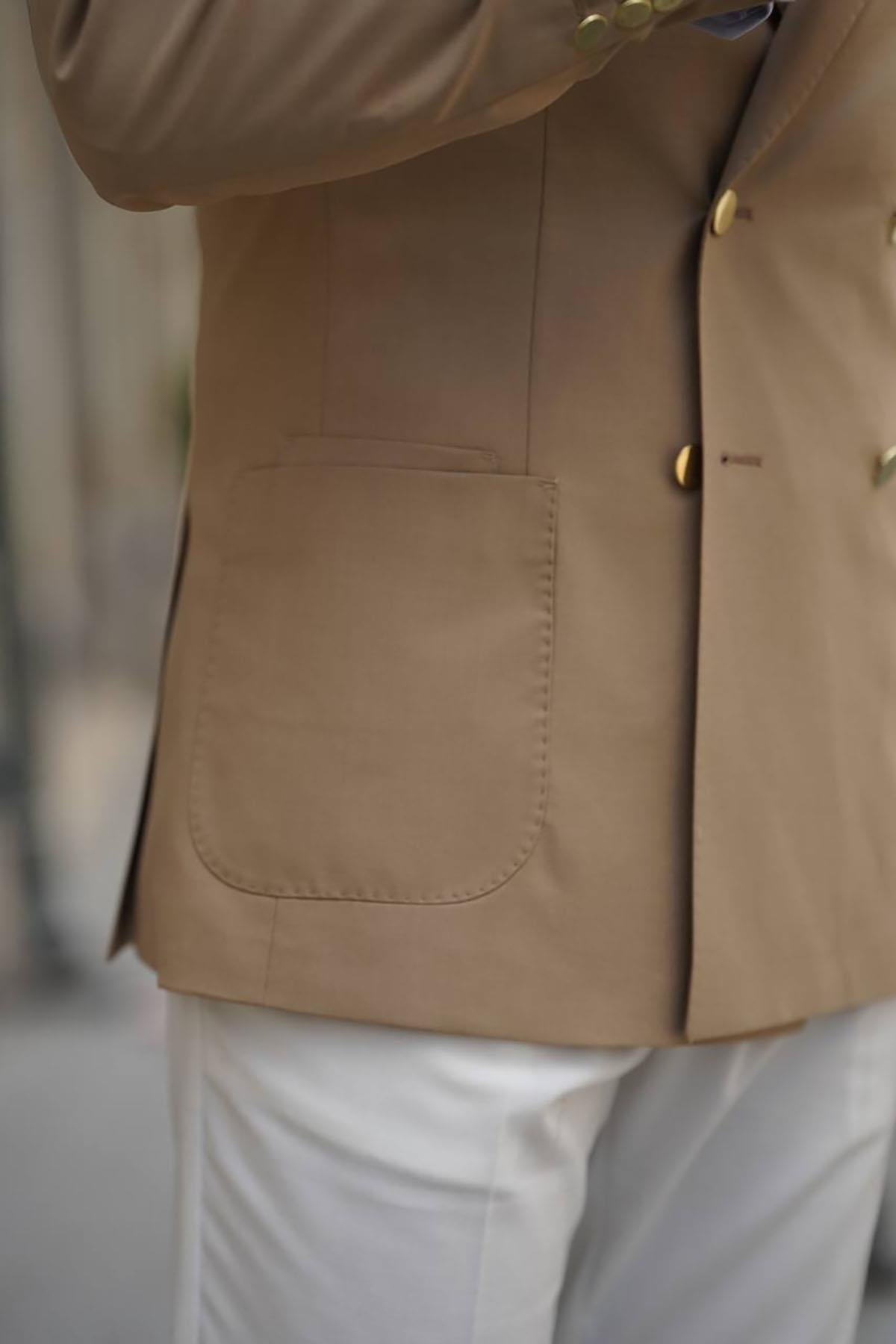  DOUBLE BAG POCKET METAL BUTTON DETAILED PREMIUM DOUBLE BREASTED BEIGE JACKET