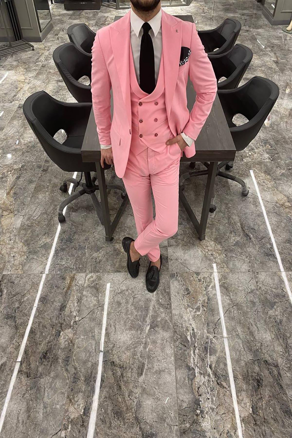  GENİŞ YAKA YELEKLİ PEMBE TAKIM ELBİSE 