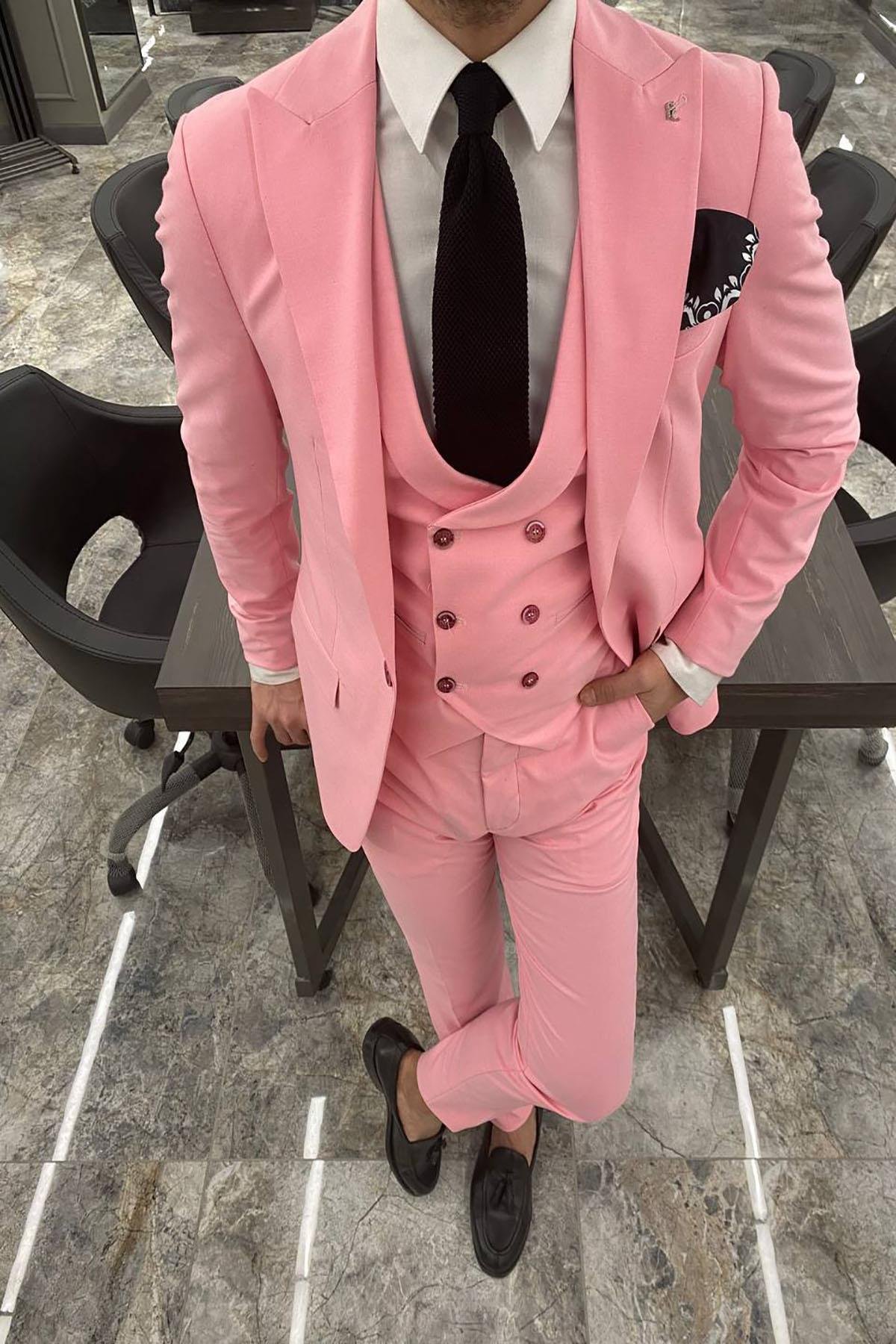  GENİŞ YAKA YELEKLİ PEMBE TAKIM ELBİSE 