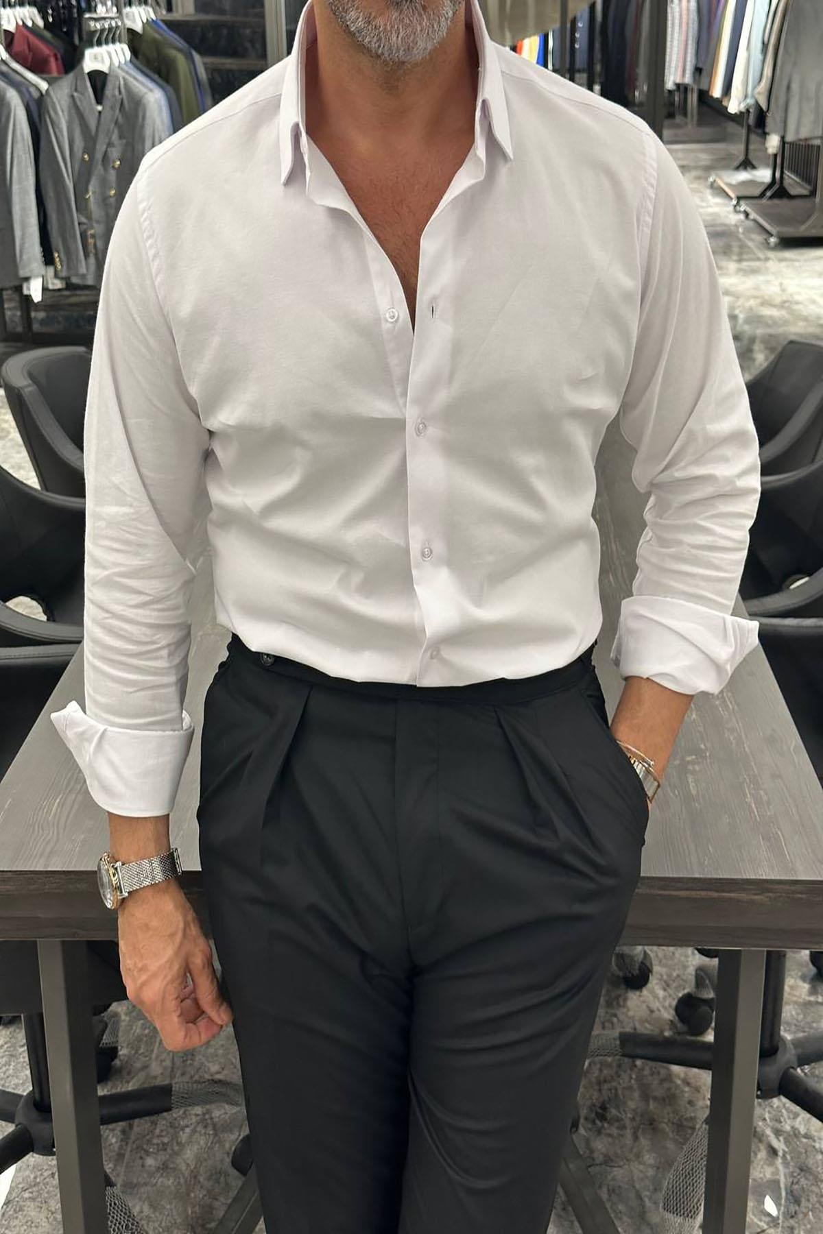 ITALIAN COLLAR DOUBLE CUFF WHITE SHIRT