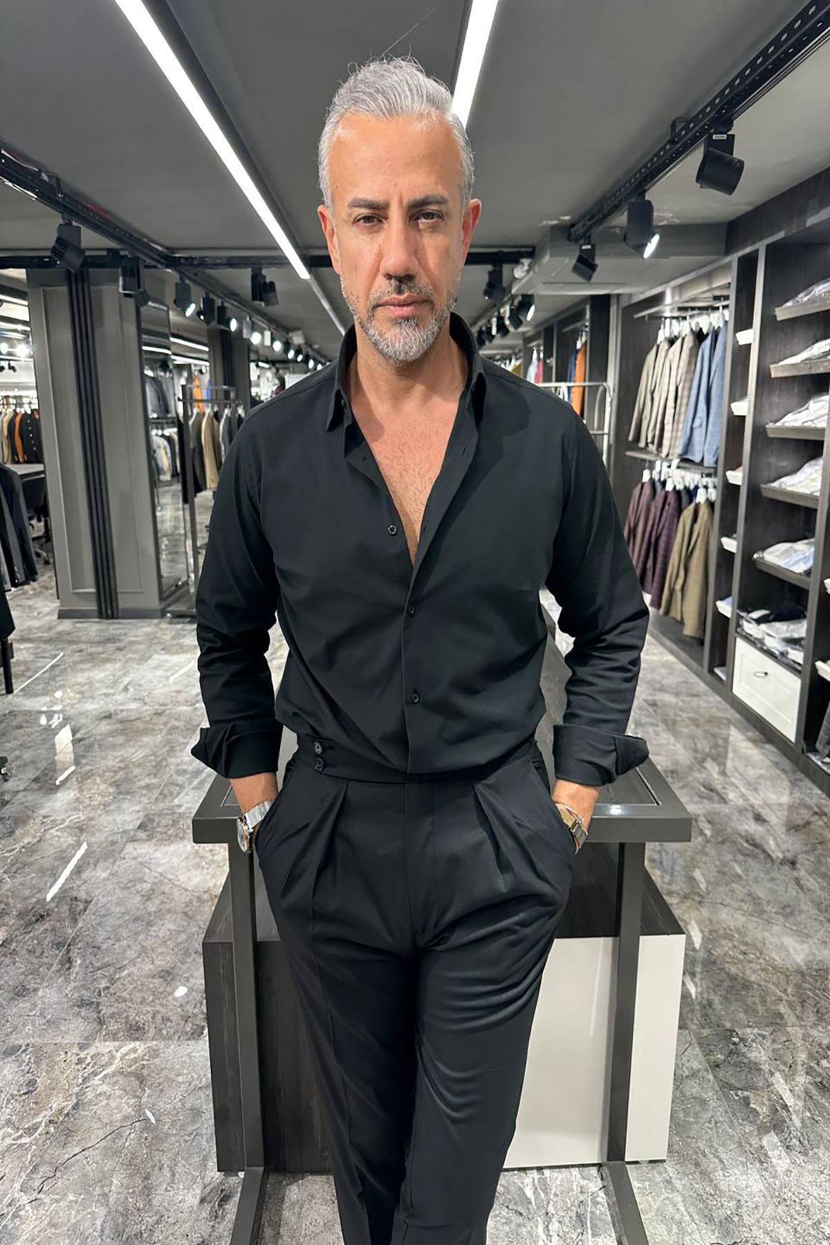  ITALIAN COLLAR DOUBLE CUFF BLACK SHIRT