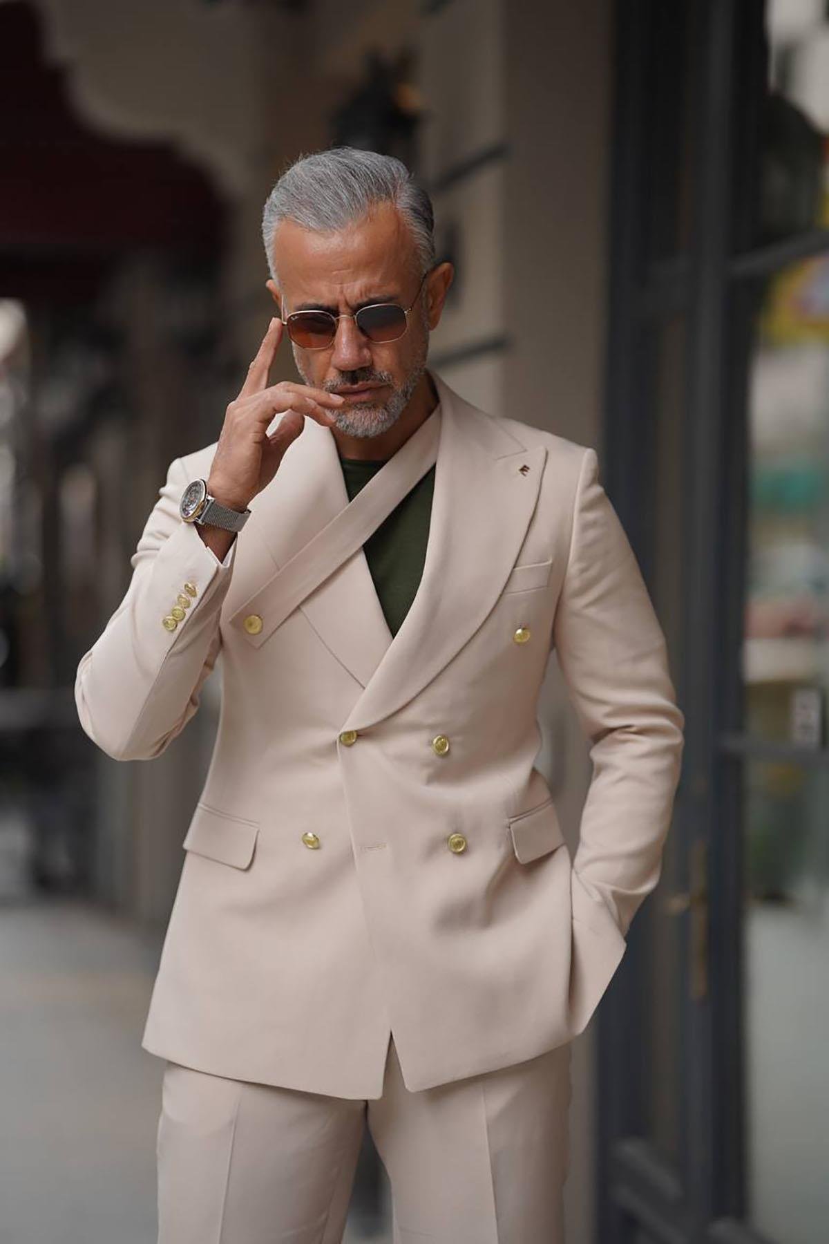  TOP STRIPED DOUBLE BREASTED BEIGE SUIT