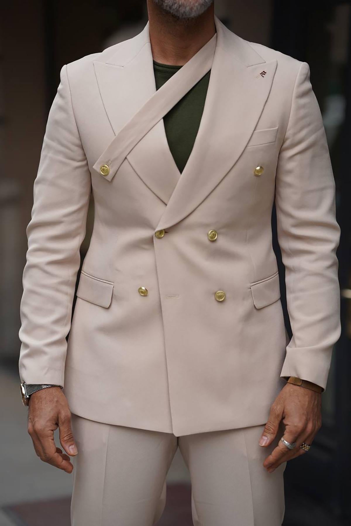  TOP STRIPED DOUBLE BREASTED BEIGE SUIT