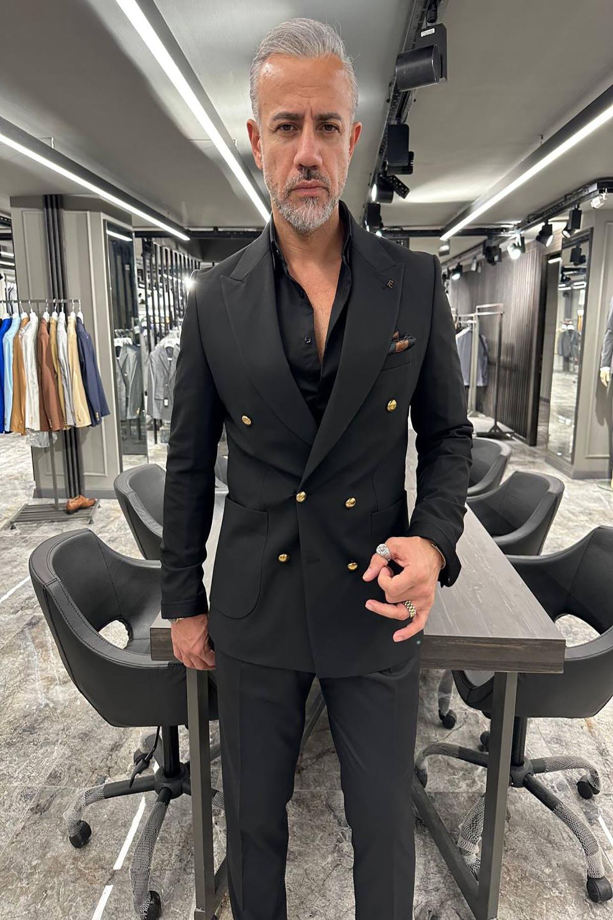 BAG POCKET GOLD BUTTON DETAILED DOUBLE BREASTED BLACK JACKET