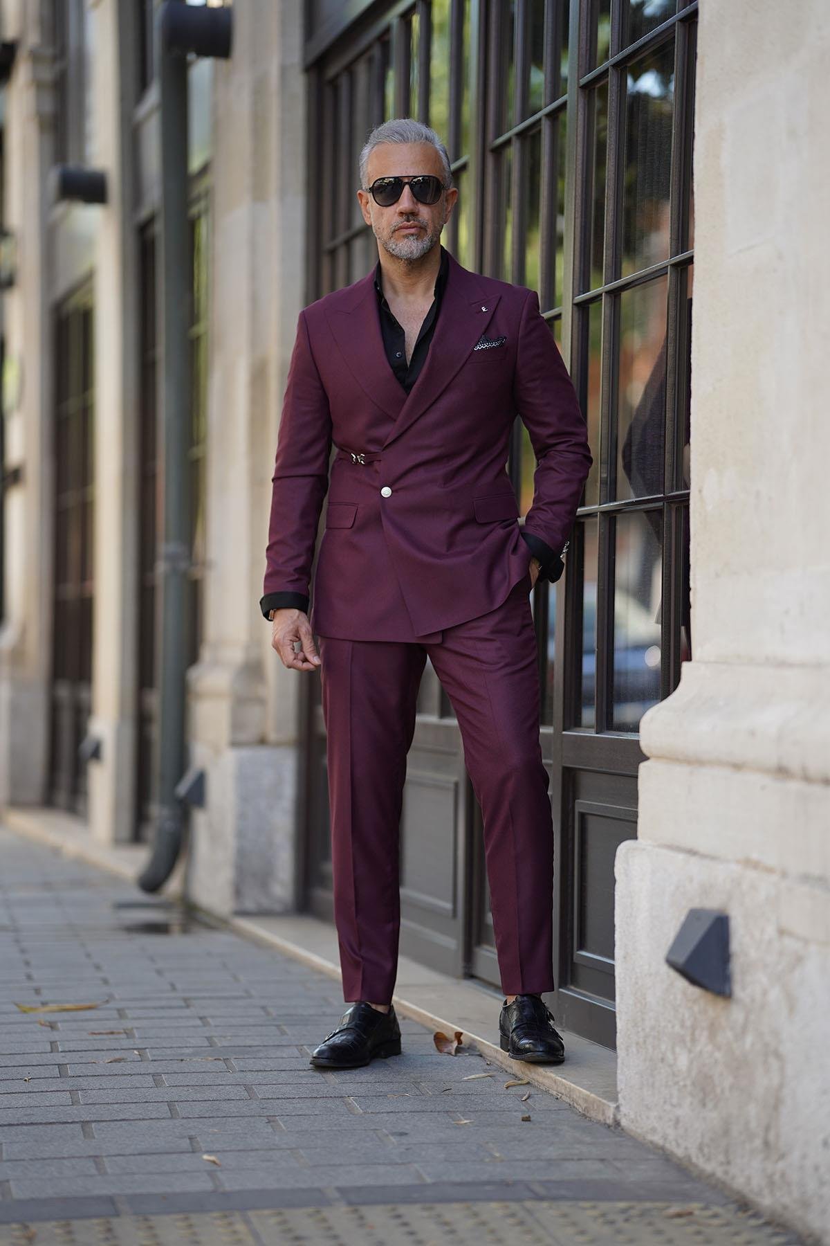  YANDAN AKSESUARLI PREMİUM BORDO TAKIM ELBİSE 