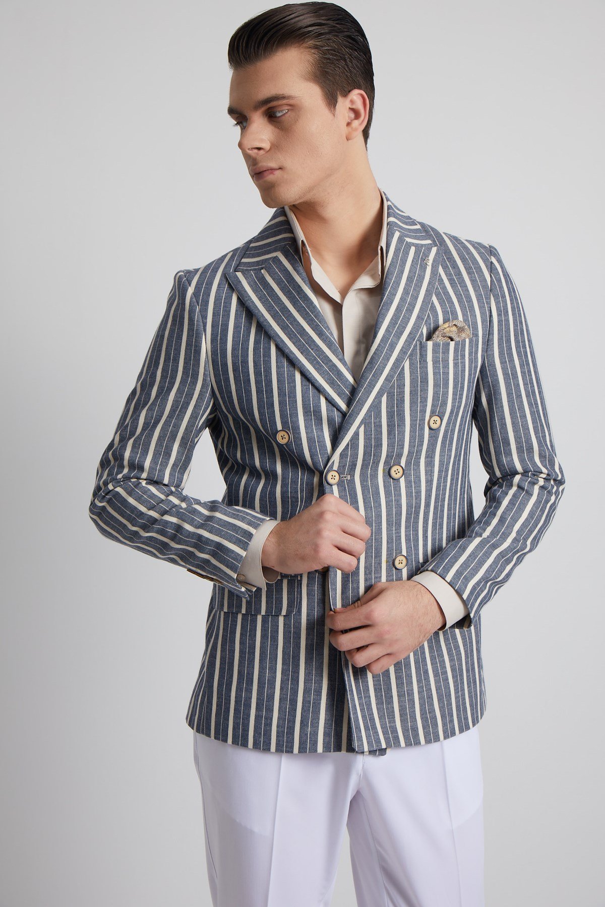 NAVY BLUE STRIPED DOUBLE BREASTED JACKET - SLIM FIT