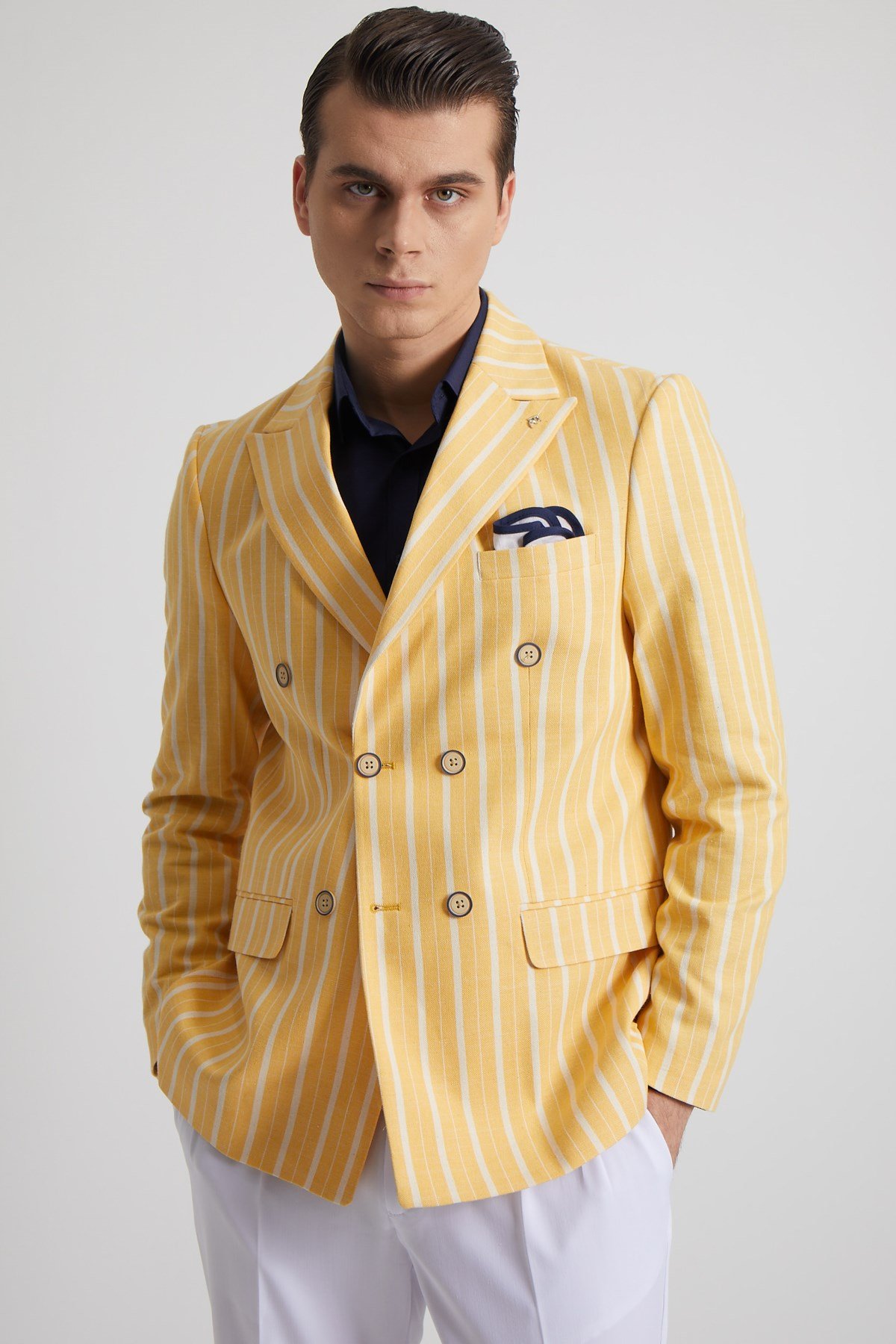 YELLOW STRIPED DOUBLE BREASTED JACKET - SLIM FIT