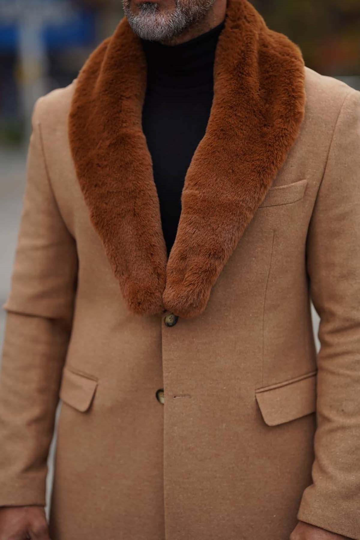 CAMEL YAKASI KÜRKLÜ KABAN