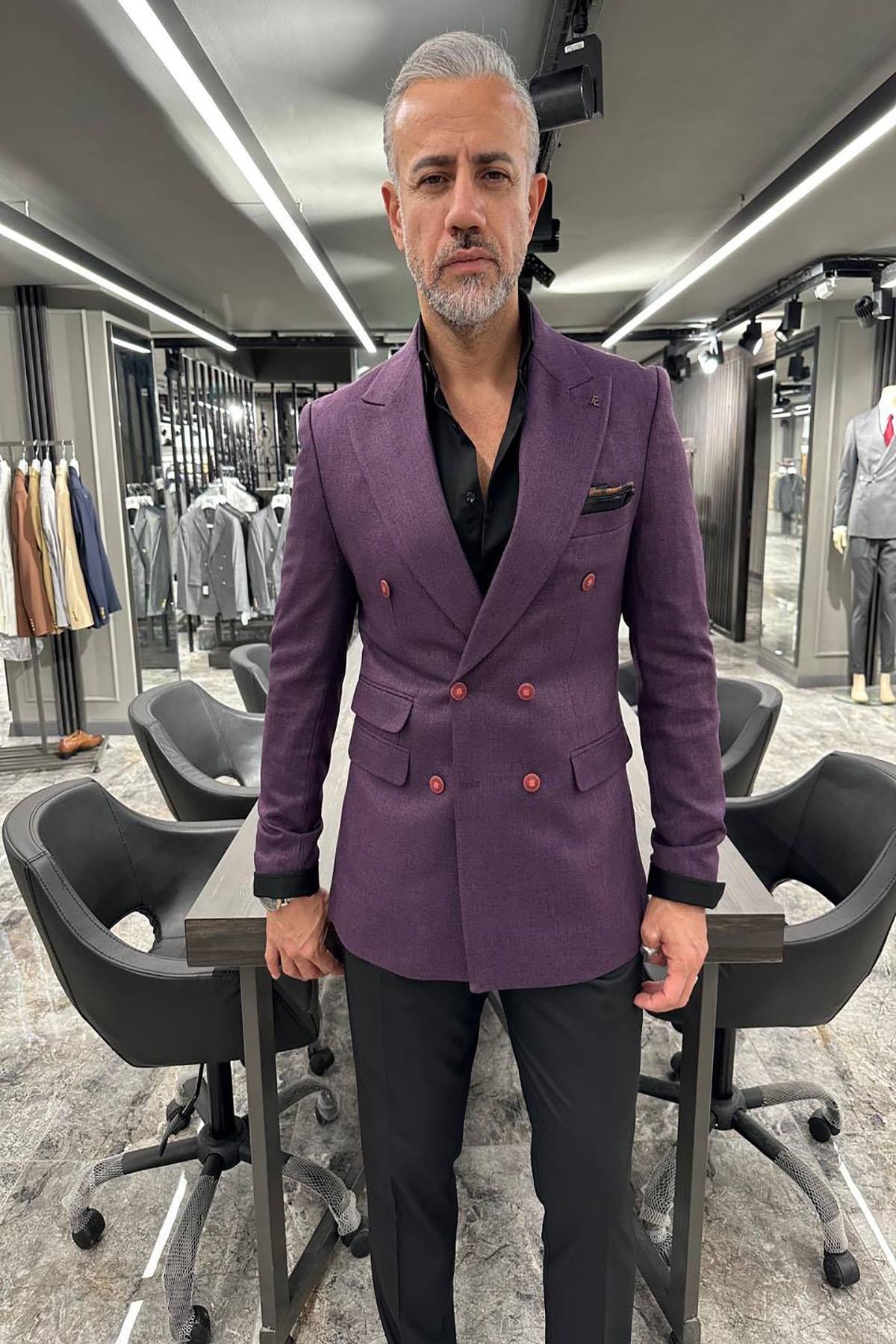 POCKET DETAILED DOUBLE BREASTED WIDE COLLAR PURPLE JACKET