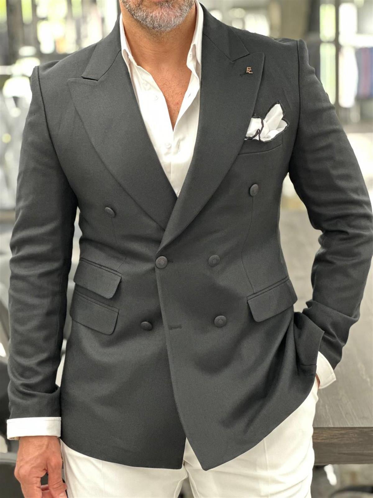  POCKET DETAILED DOUBLE BREASTED WIDE COLLAR BLACK JACKET