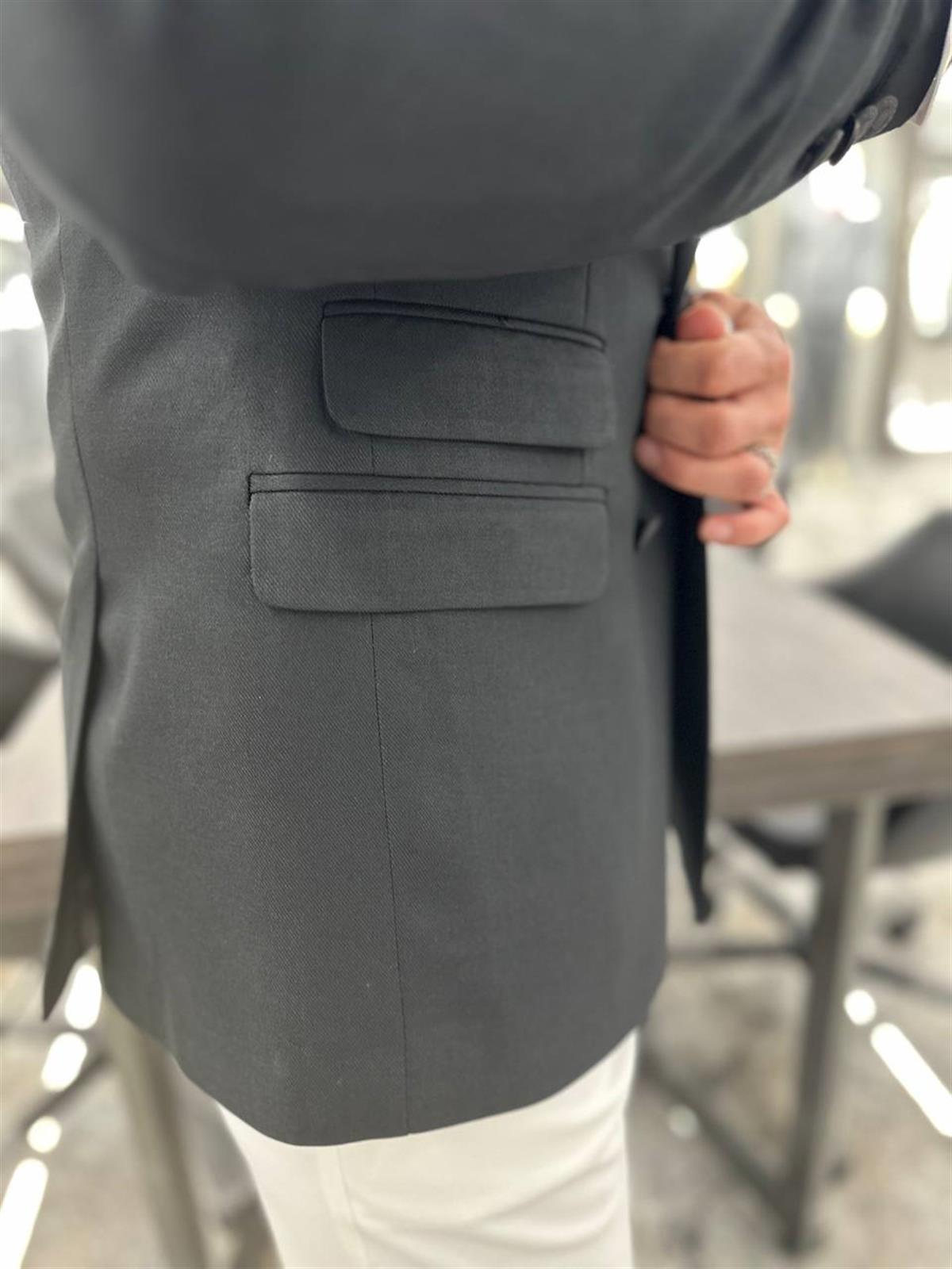  POCKET DETAILED DOUBLE BREASTED WIDE COLLAR BLACK JACKET
