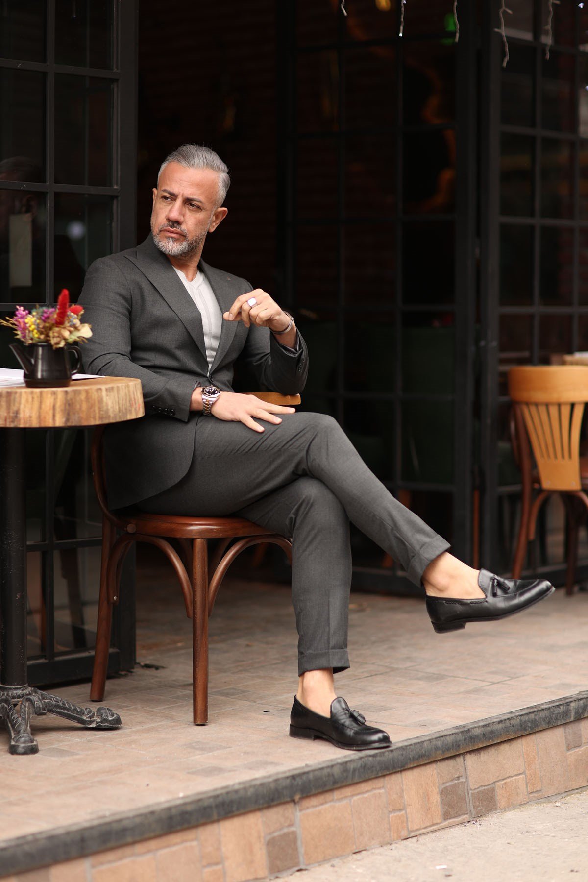 FÜME GENİŞ YAKA PANTOLONU PİLELİ TAKIM ELBİSE