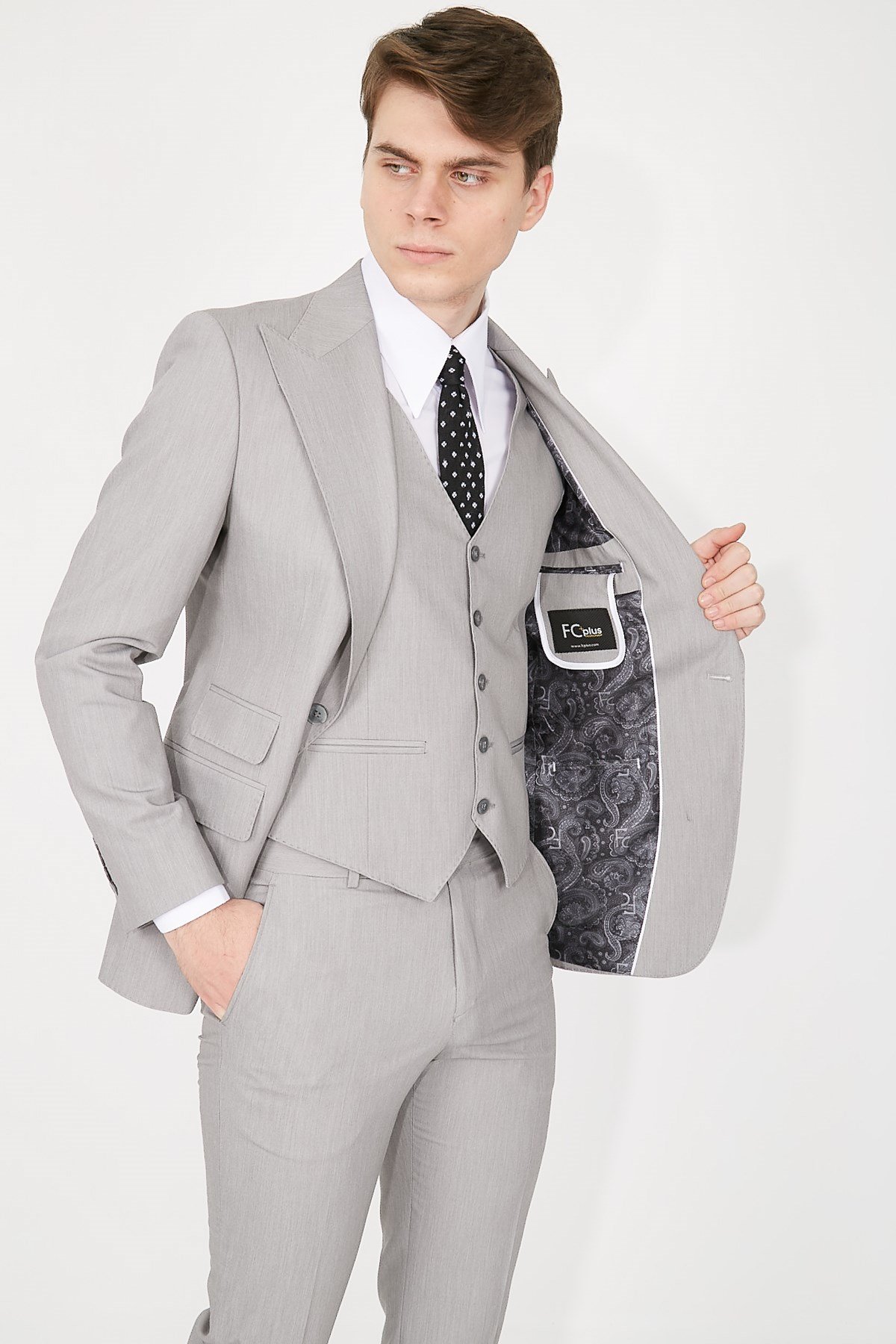 GRİ GENİŞ YAKA PUNTOLU PLUS YELEKLİ ERKEK TAKIM ELBİSE - SLIM FIT