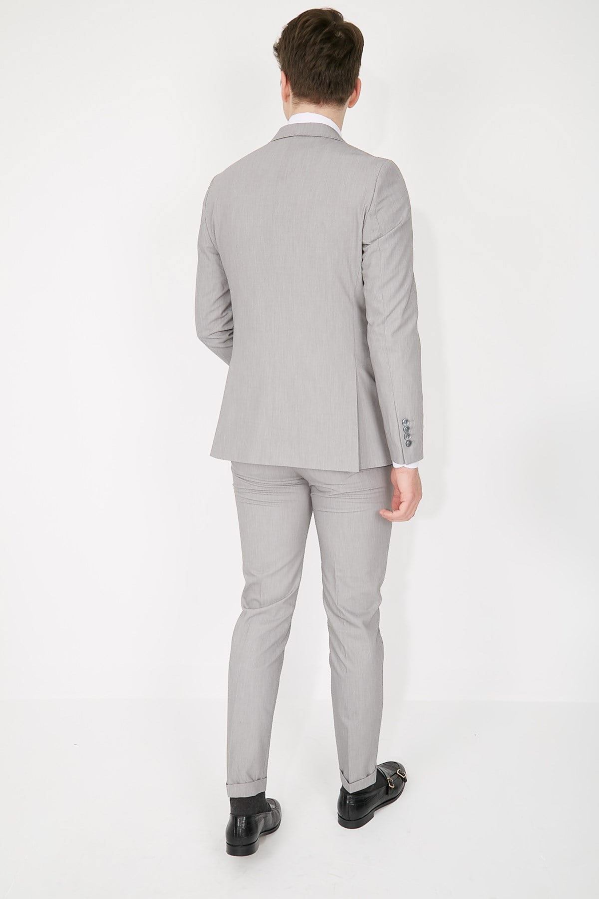 GRİ GENİŞ YAKA PUNTOLU PLUS YELEKLİ ERKEK TAKIM ELBİSE - SLIM FIT