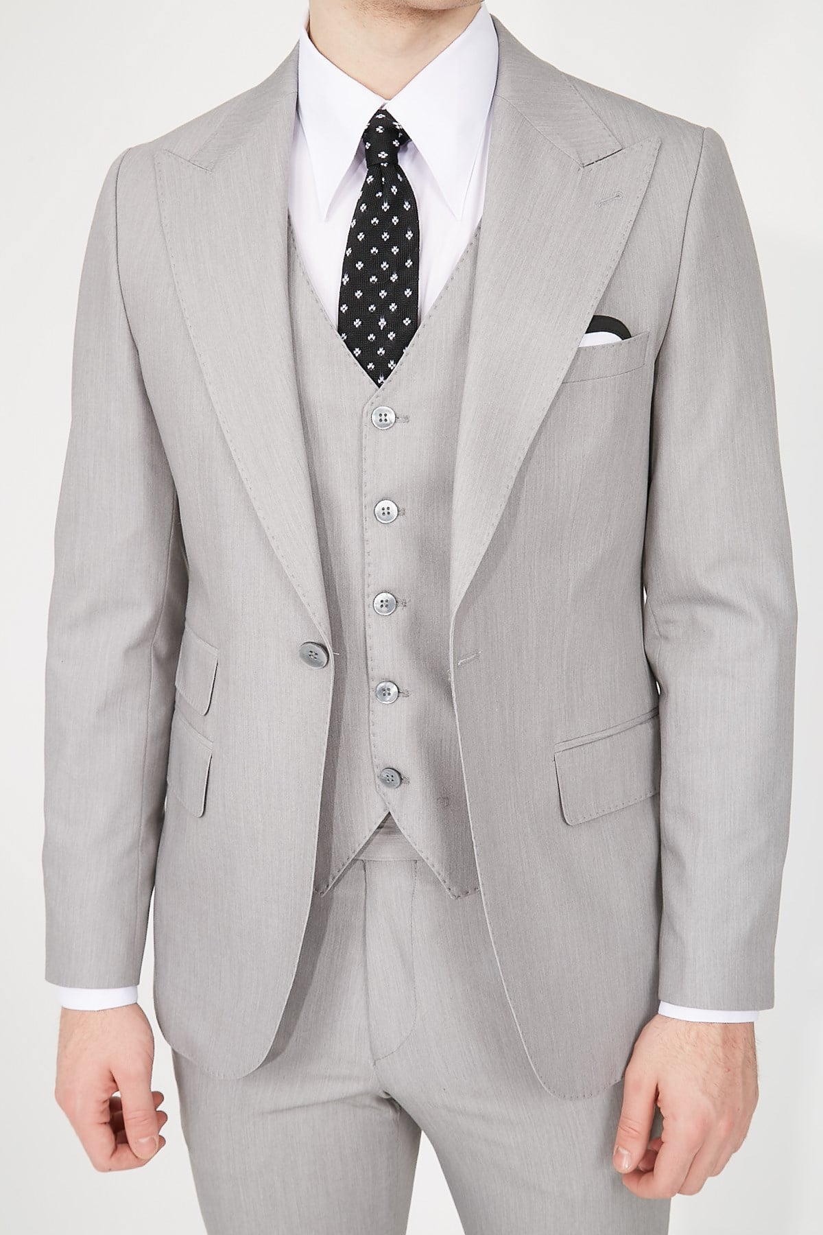 GRİ GENİŞ YAKA PUNTOLU PLUS YELEKLİ ERKEK TAKIM ELBİSE - SLIM FIT