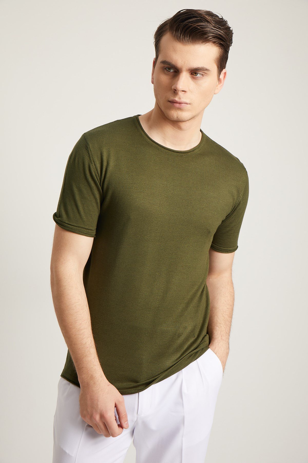 HAKİ SOSİS YAKA KISA KOL PAMUK KARIŞIM ERKEK TRİKO - SLIM FIT