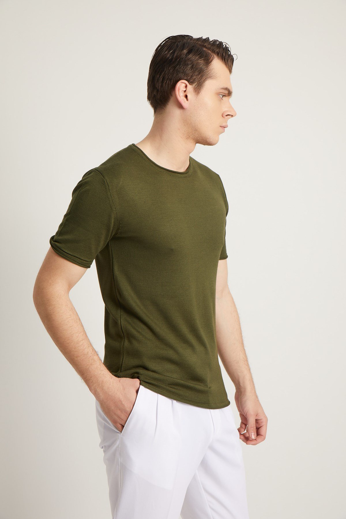 HAKİ SOSİS YAKA KISA KOL PAMUK KARIŞIM ERKEK TRİKO - SLIM FIT