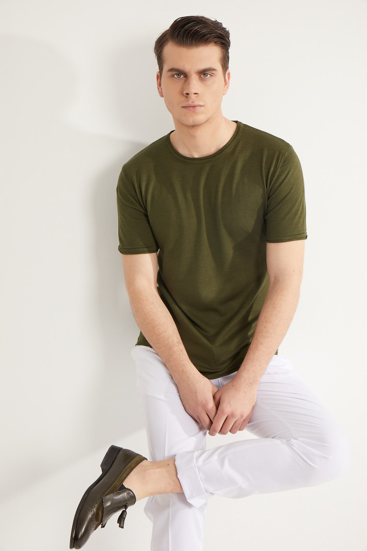 HAKİ SOSİS YAKA KISA KOL PAMUK KARIŞIM ERKEK TRİKO - SLIM FIT