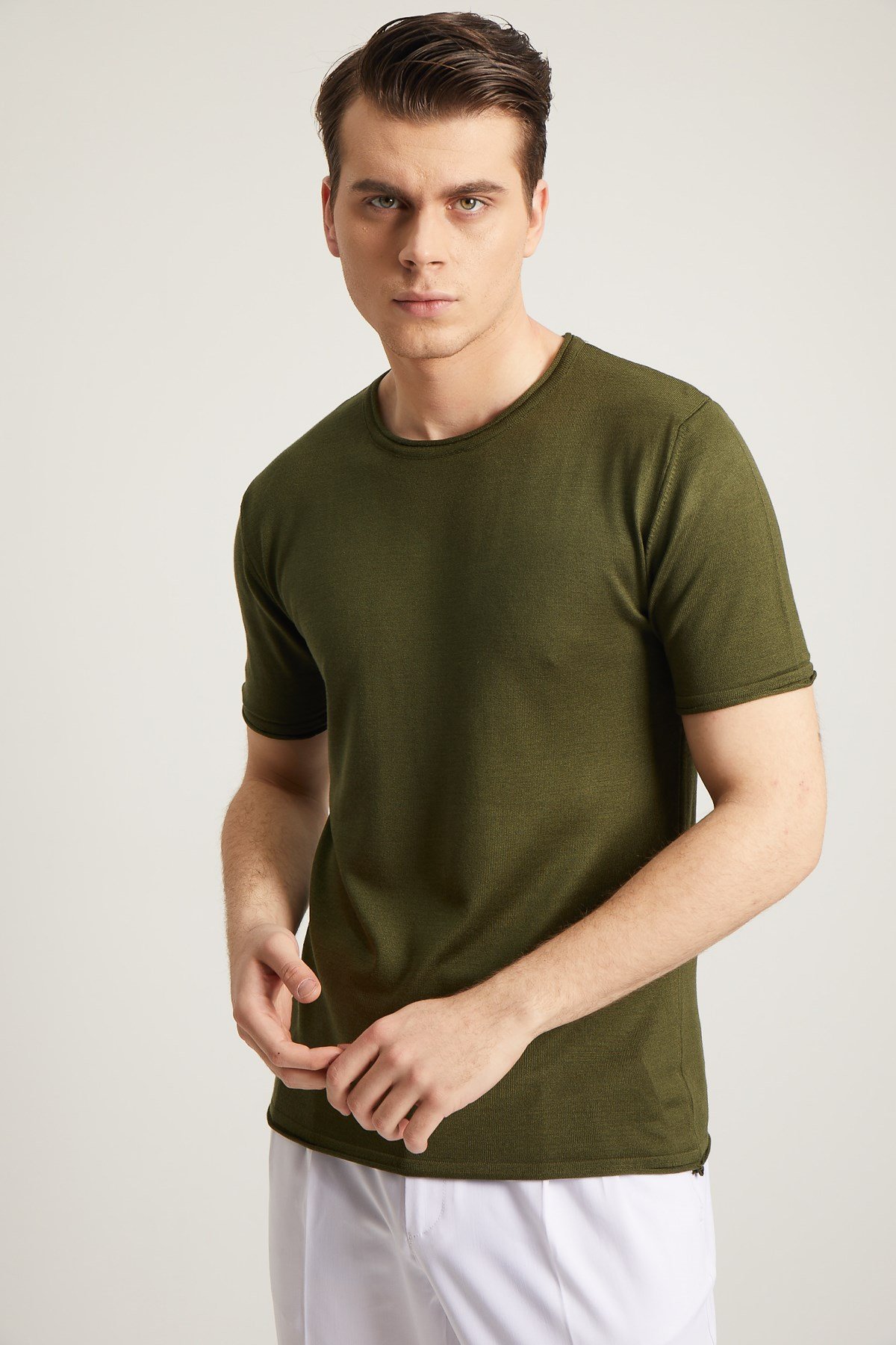 HAKİ SOSİS YAKA KISA KOL PAMUK KARIŞIM ERKEK TRİKO - SLIM FIT