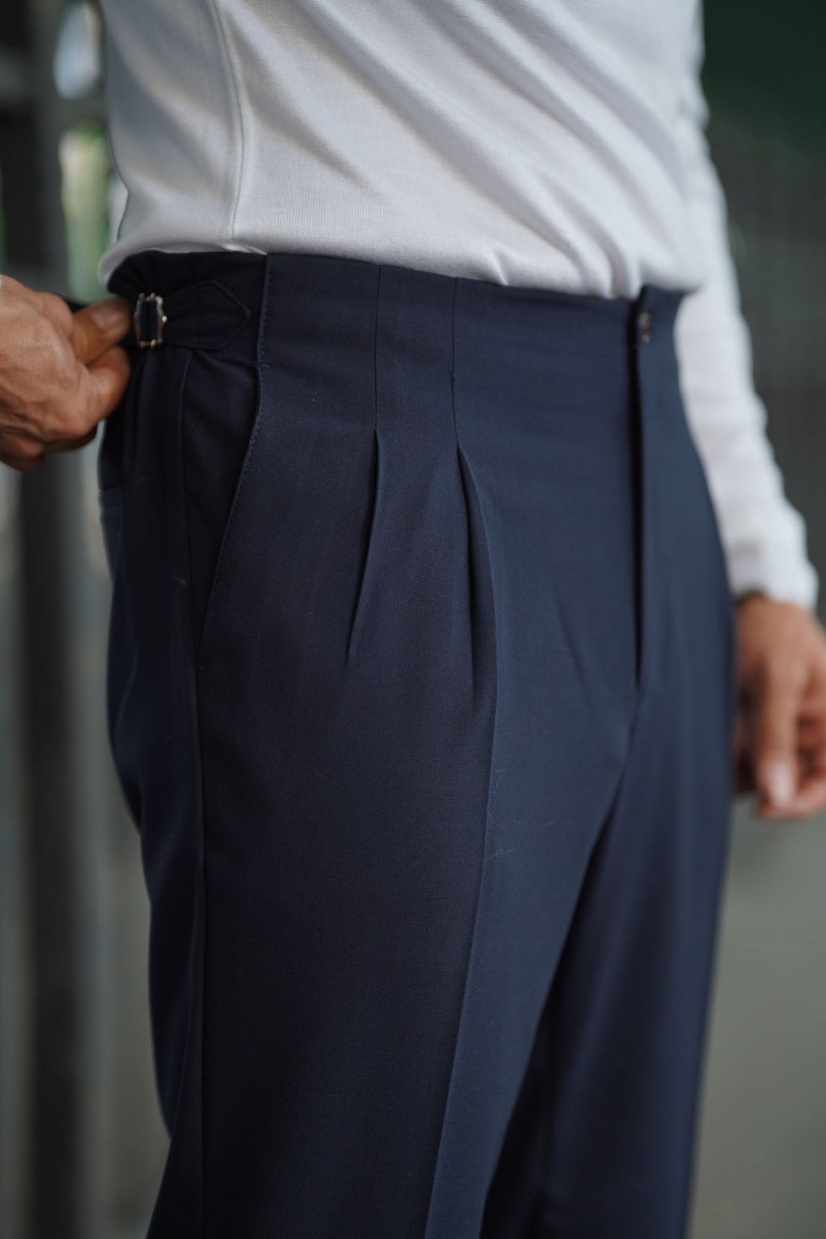NAVY BLUE DOUBLE PLEATED STRAPLESS TROUSERS - SLIM FIT