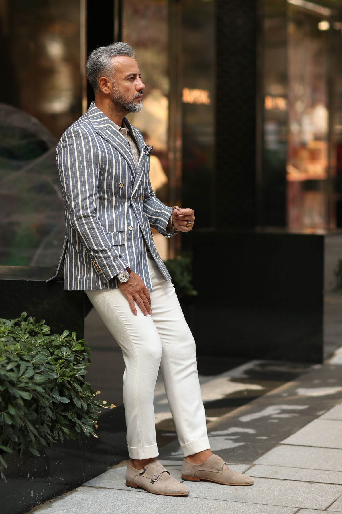 LACiVERT ÇİZGİLİ ERKEK KRUVAZE CEKET - SLIM FIT