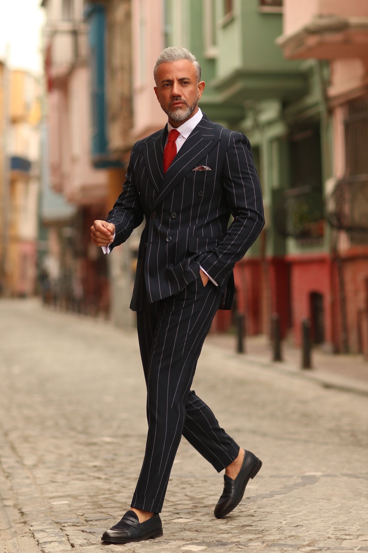 LACiVERT GENİŞ YAKA PUNTOLU KRUVAZE ERKEK TAKIM ELBİSE - SLIM FIT