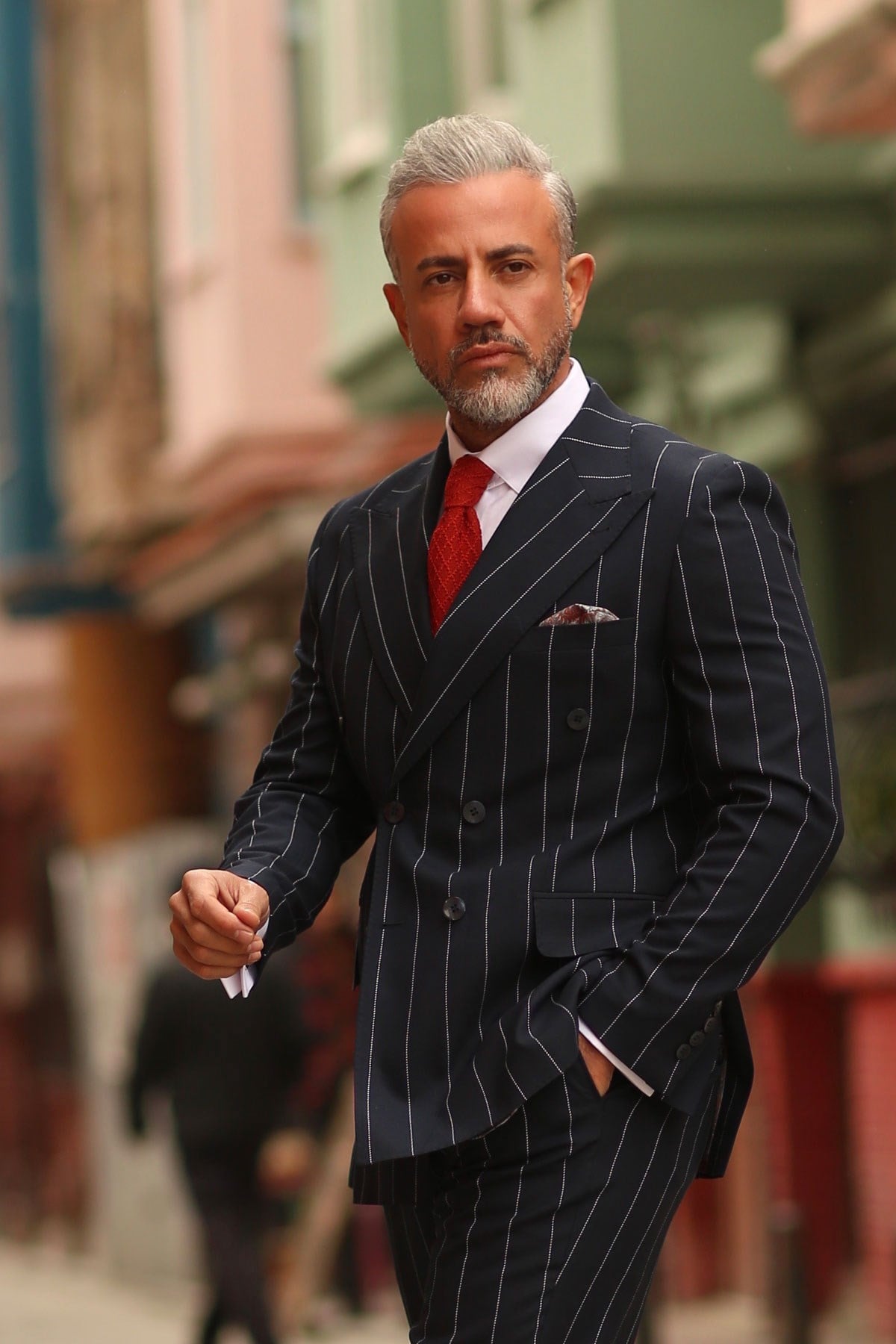 LACiVERT GENİŞ YAKA PUNTOLU KRUVAZE ERKEK TAKIM ELBİSE - SLIM FIT