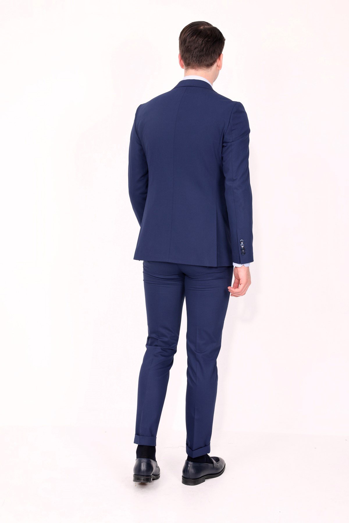 LACiVERT GENİŞ YAKA PUNTOLU PLUS YELEKLİ ERKEK TAKIM ELBİSE - SLIM FIT